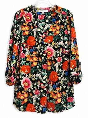 Rose + Olive Floral V Neck Blouse 1X Black Multicolor Boho Peasant Top